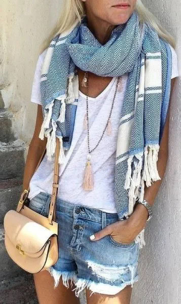 Grey and White Striped Summer Scarf with White V Neck Tee & Denim Shorts