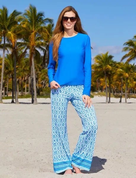 Royal Blue Long Sleeve Top with Tribal Printed Wide Leg Beach Pants