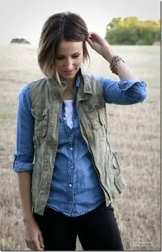 Olive Green Vest with Chambray Light Blue Shirt & Dark Jeans