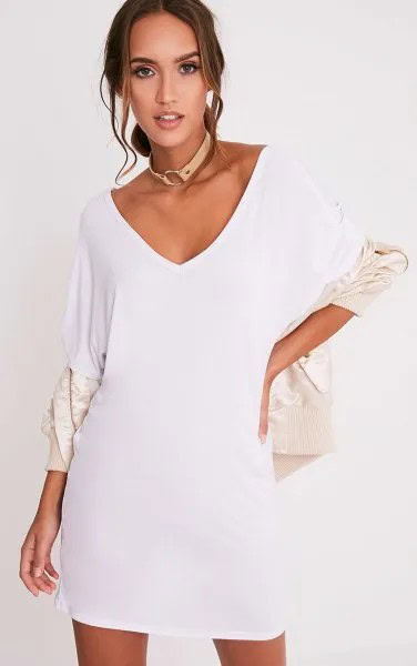 White V Neck T Shirt Dress with Ivory Bomber Jacket