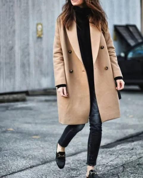 Camel Longline Wool Coat with Black Mock Neck Sweater & Waxed Skinny Jeans