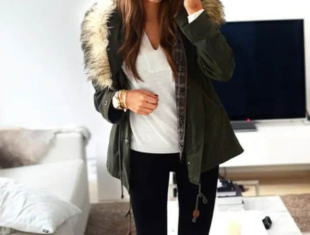 Dark Grey Fur Hooded Jacket with White V Neck Tee & Skinny Jeans