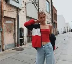 Black, Red and White Color Block Windbreaker with Crop Top