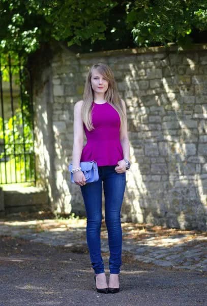 Purple Peplum Top with Blue Skinny Jeans & Black Heels