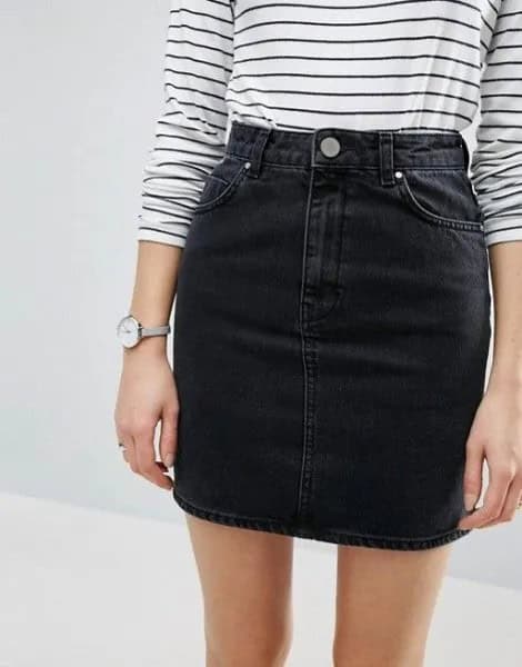 Striped Long Sleeve T Shirt with Black High Waisted Denim Mini Skirt