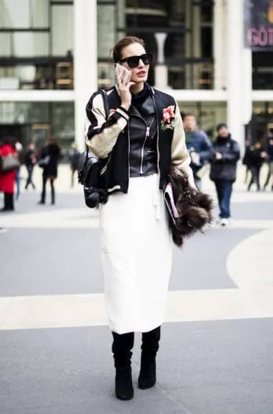 Bomber Jacket with Leather Vest & Midi Skirt