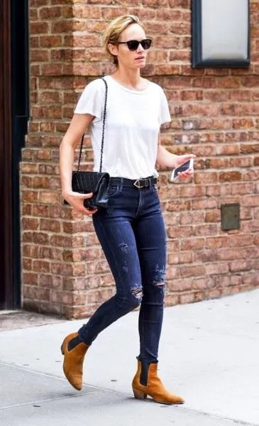 White T Shirt with Blue Skinny Jeans & Tan Leather Boots