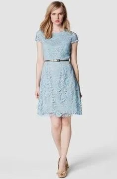 Light Blue Belted Knee Length Lace Dress