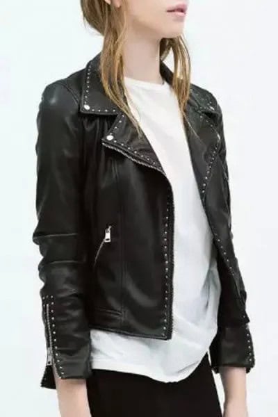 Black Punk Leather Studded Jacket with White Oversized T Shirt