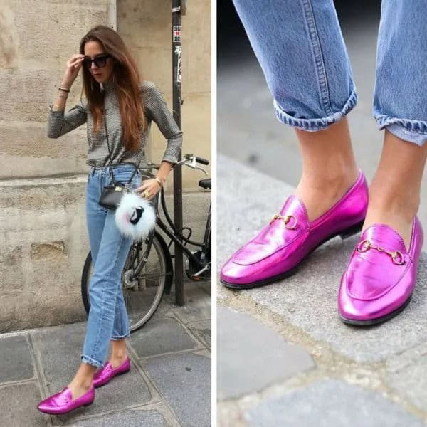 Shiny Shocking Pink Loafers with Mom Jeans