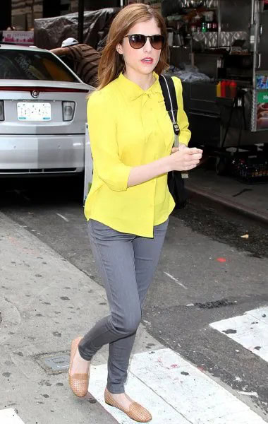 Bright Yellow Button Up Shirt with Grey Slim Cut Jeans