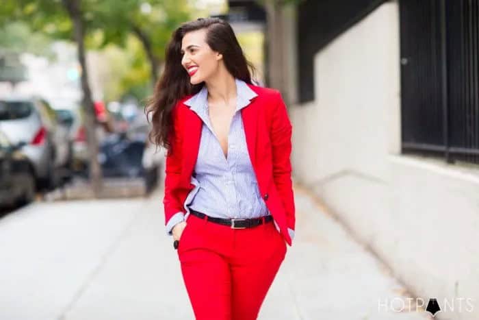 Blue and White Striped Button Up Shirt with Red Suit