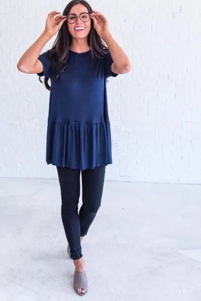 Navy Peplum Top with Grey Slide Sandals