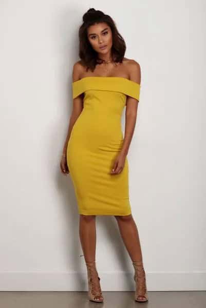 Off The Shoulder Yellow Midi Dress with Pale Pink Strappy Open Toe Heels