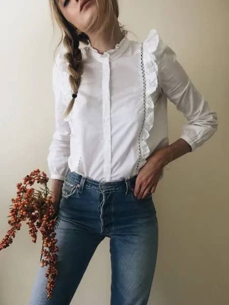 White Long Sleeve Ruffle Button Up Shirt with Blue Skinny Jeans