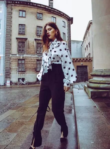 White and Black Polka Dot Tie Front Chunky Blouse with High Rise Pants