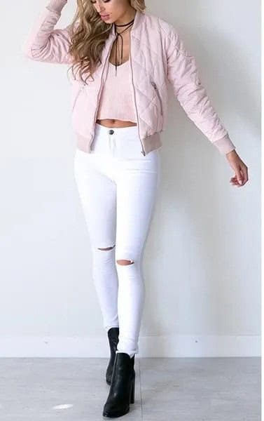 Pale Pink Quilted Bomber Jacket with White Skinny High Waisted Jeans