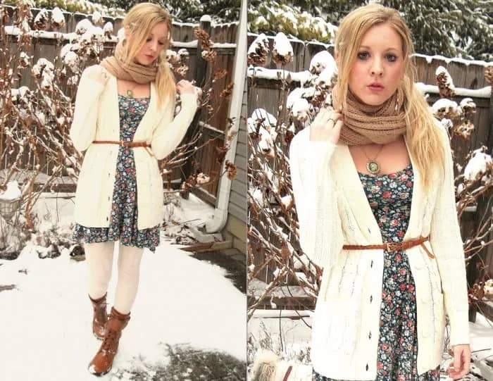 White Belted Cable Knit Cardigan with Floral Dress