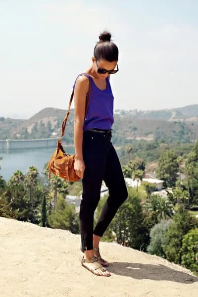 Purple Crew Neck Vest Top with Black Ankle Jeans