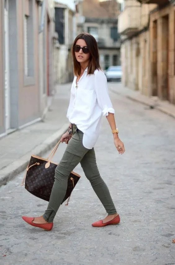 White Button-Down & Green Skinny Jeans