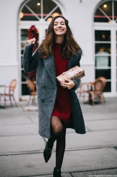 Grey Fuzzy Longline Suit Jacket Dress with Pointed Toe Heels