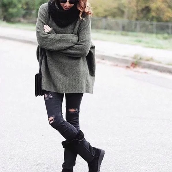 Black Mid-Calf Fold Over Boots with Grey Chunky Knit Sweater