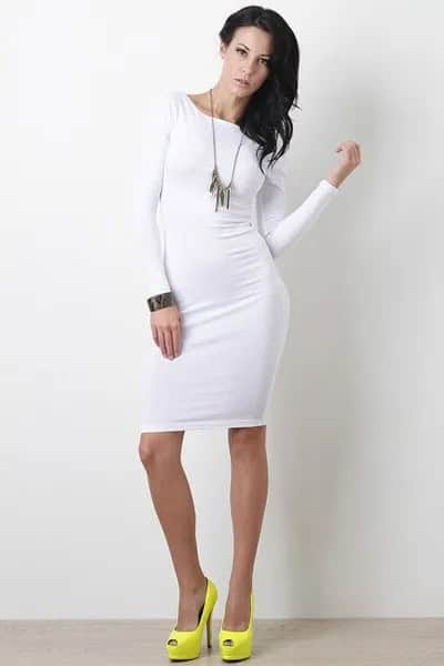 White Bodycon Dress with Yellow Open Toe Heels