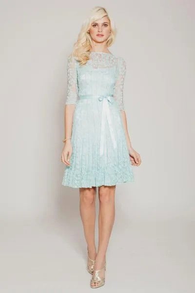 Light Blue Shift Dress with Lace Semi-Sheer Overlay