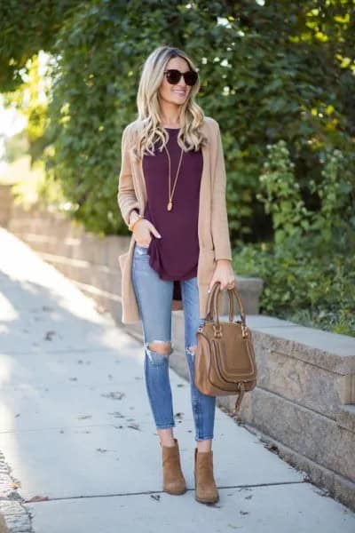 Tan Sweater Cardigan with Grey Tank Top with Ripped Skinny Jeans