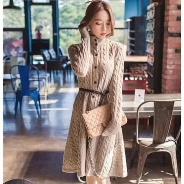 Belted Ivory Cable Knit Long and Flared Button Up Sweater Coat