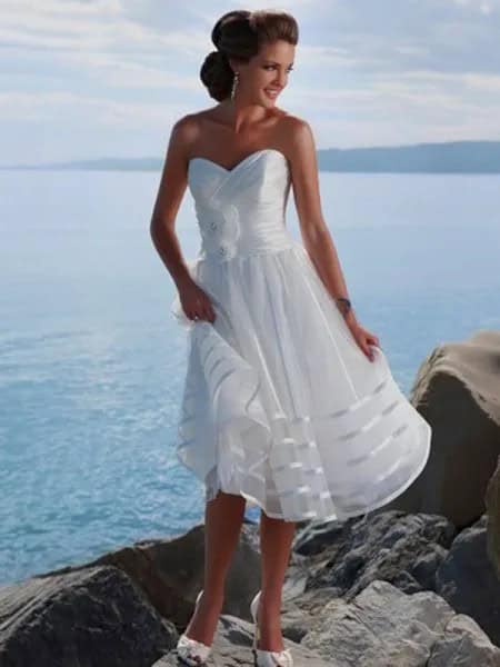 White Fit and Flare Strapless Midi Wedding Dress