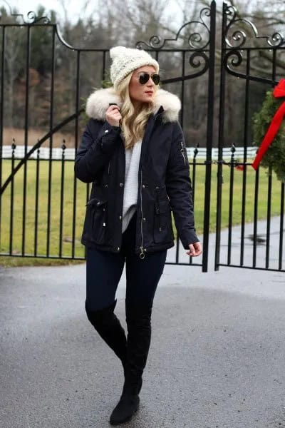 White Knit Hat with Faux Fur Jacket & Knee High Boots