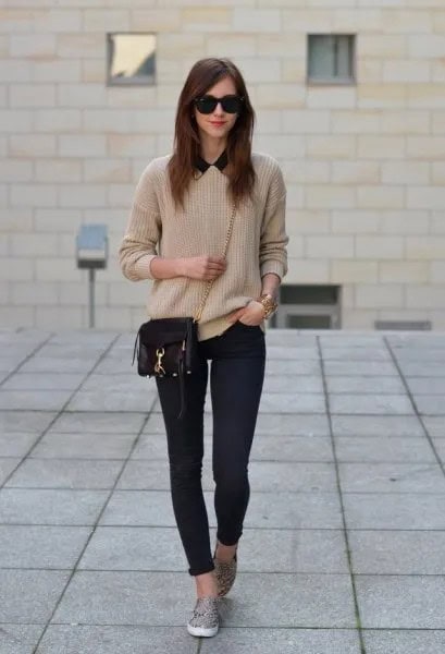 Blush Pink Sweater with Dark Blue Skinny Jeans & Leopard Print Slip On Walking Shoes