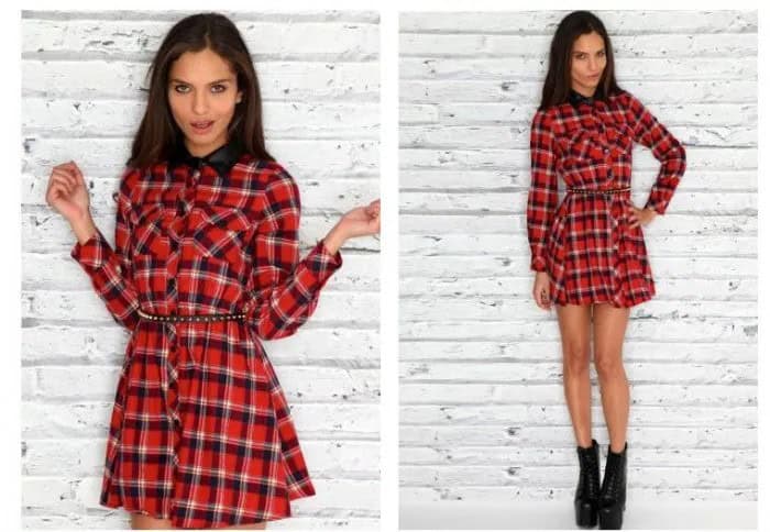 Black and Red Tartan Belted Mini Shirt Dress with Boots