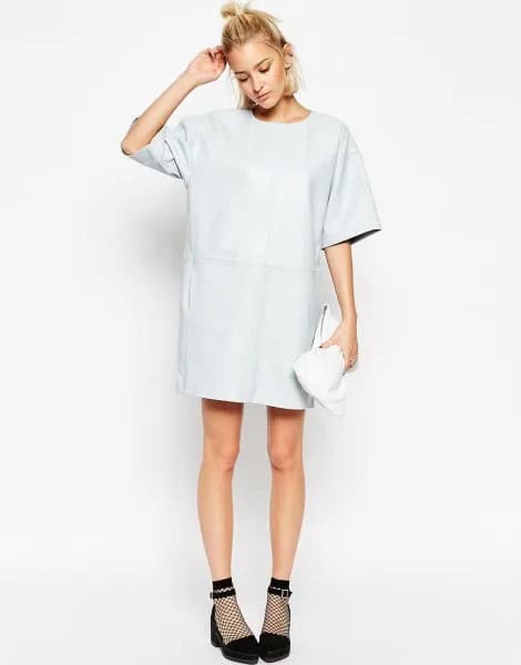 White Wide Sleeve Leather T Shirt Dress