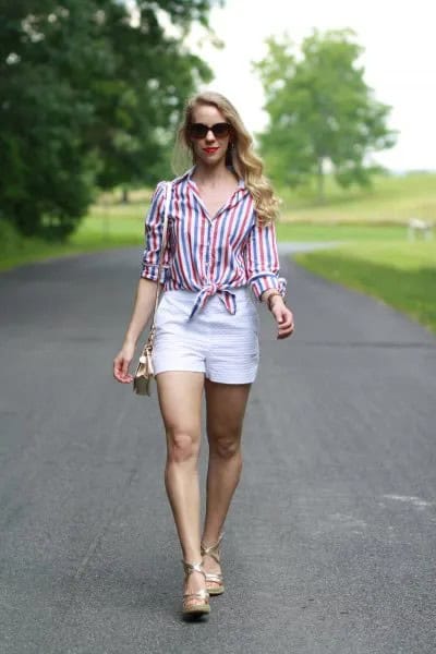 Striped Knotted Button Up Shirt with White High Waisted Shorts