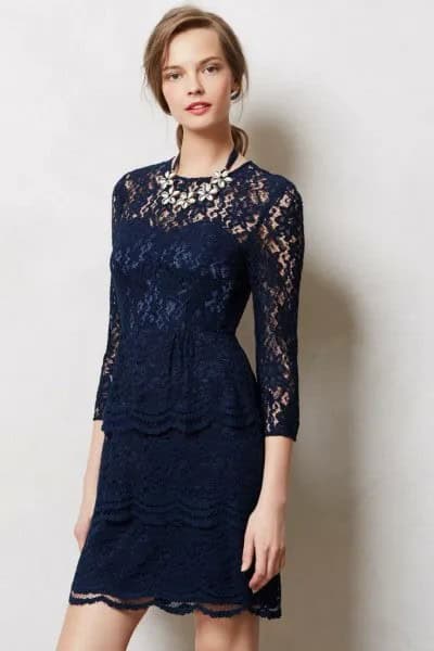 Navy Blue Three Quarter Sleeve Sheath Mini Lace Dress