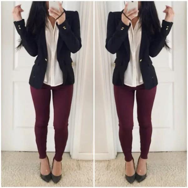 Burgundy Jeans with Pale Yellow Shirt & Black Blazer