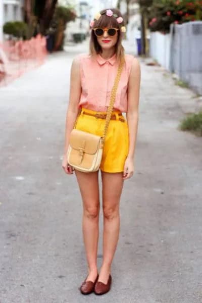 Pink Sleeveless Button Up Shirt with Lemon Yellow High Waisted Shorts