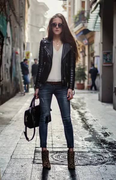 Black Short Leather Riding Jacket with Pale Pink Chiffon V Neck Blouse