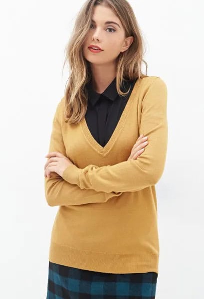 Mustard Yellow V Neck Sweater with Black Button Up Shirt