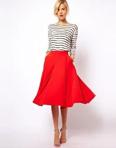 Black and White Striped Long Sleeve Tee with Red Midi Flared Skirt