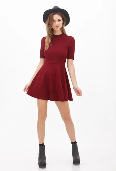 Red Mock Neck Skater Dress with Black Felt Hat