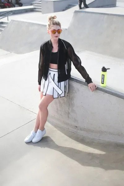 Black Bomber Jacket with Crop Top & White Skater Skirt