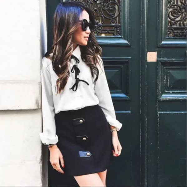 White Bow Tie Blouse with Black High Rise Mini Skirt