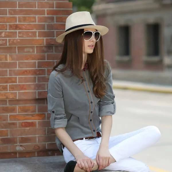 Grey Shirt with White Skinny Jeans & Straw Hat