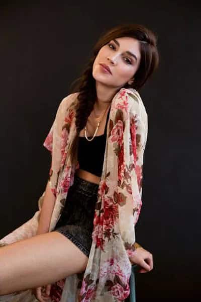 White Kimono with Black Cropped Vest Top & Denim Shorts