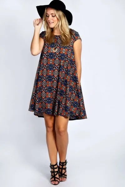 Navy and Red Tribal Printed Cap Sleeve Breezy Dress