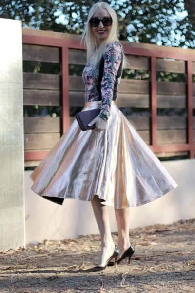 Floral Long Sleeve Top with Silver Flared Midi Skirt