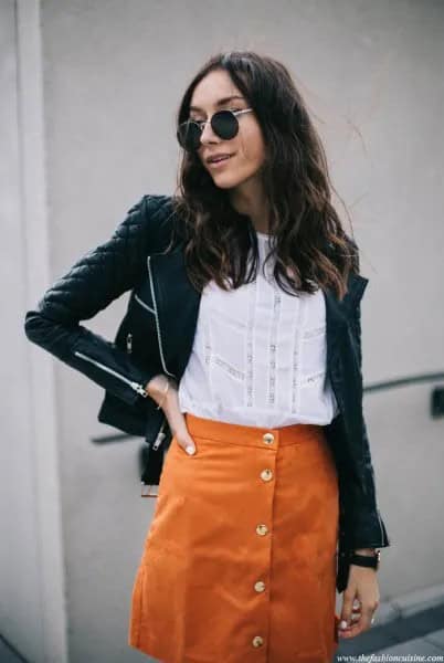 Black Quilted Leather Jacket with Orange Suede Button Front Skirt